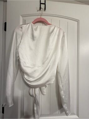 Satin White Long-Sleeve Draped Tie-Back Blouse